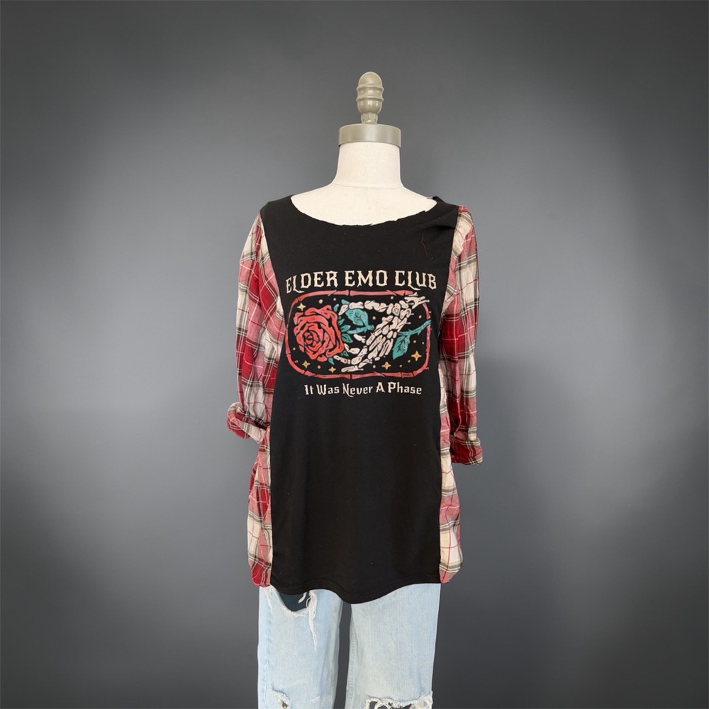 Reworked Upcycled Elder Emo Club Plaid Graphic Top M/L